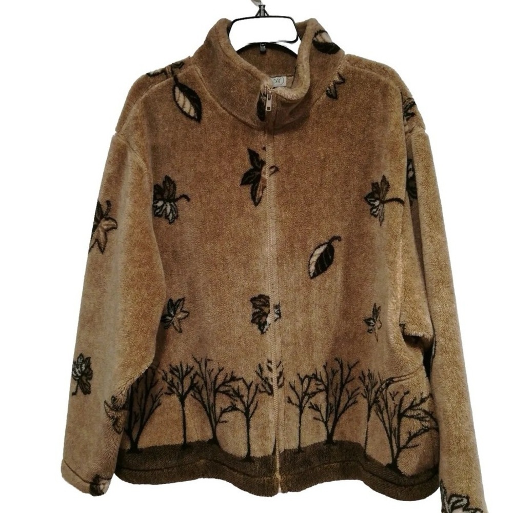 MANDAL BAY | Vintage Faux Fur Zipped Jacket Sweater Leaves Trees Print